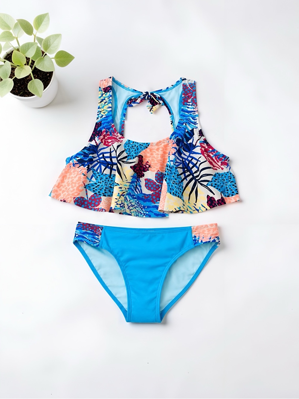 Wonder Nation Girls 2-Piece Bikini Swimsuit Size 7/8 Tropical Ruffle Swim Set